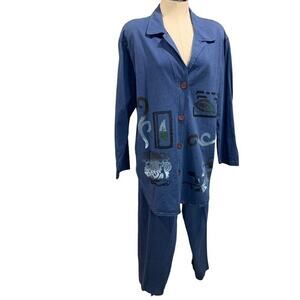 Size 14W Piccalino Plus Women's 2 Piece Outfit 1980s Vintage Pants Top Cotton